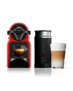 Nespresso Inissia C40 Coffee Machine, Red & Aerocino Frother, Black - Bundle