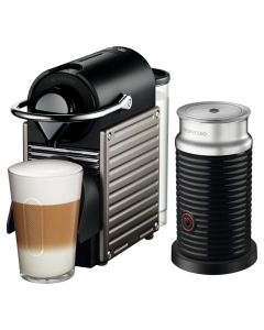 Nespresso Pixie C61 Electric Coffee Machine, Titan & Aerocino Frother, Black - Bundle